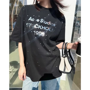 Unisex Gương Quá Khổ Kim Cương Giả Vintage Giặt Áo Thun Ngắn Tay