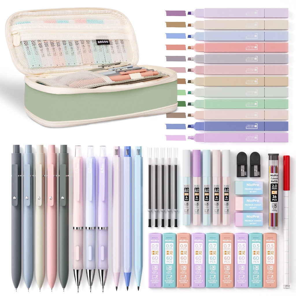 Bộ đồ dùng học tập thẩm mỹ Nicpro 50 CÁI kèm hộp đựng bút, 6 chiếc bút chì cơ 0,5mm & 0,7 mm & 0,9mm, 5 chiếc bút Gel, 12 màu highlighters, dùng để viết và soạn thảo
