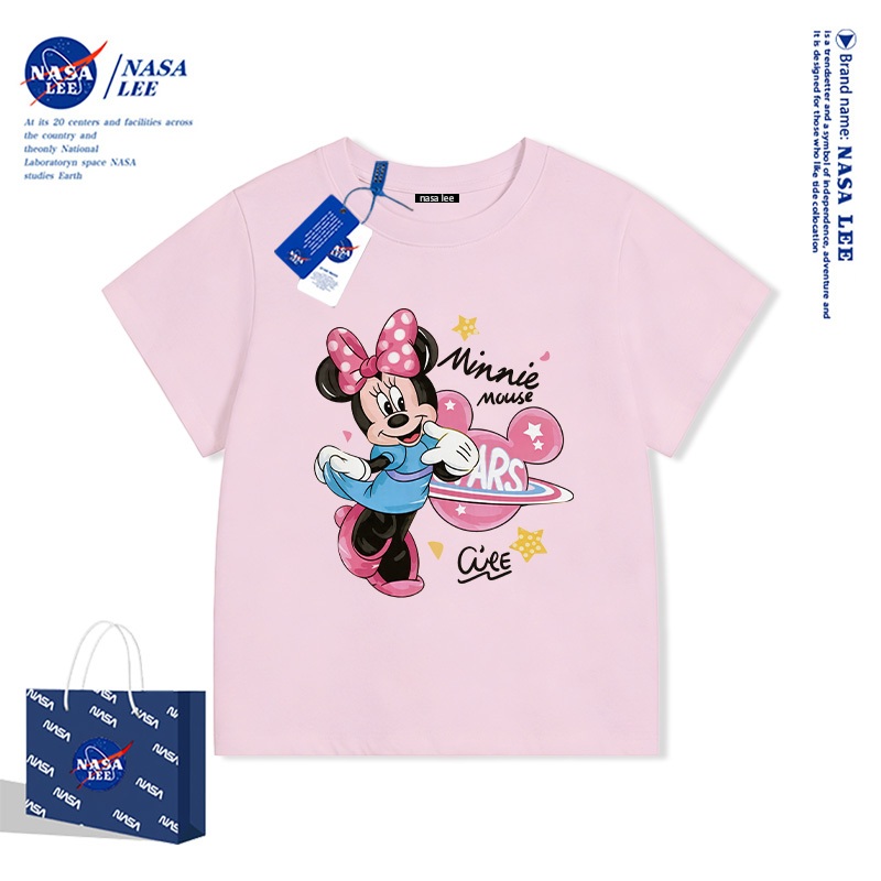 Áo thun cổ tròn màu hồng Disney Minnie x NASA bản hợp tác giới hạn cho bé gái