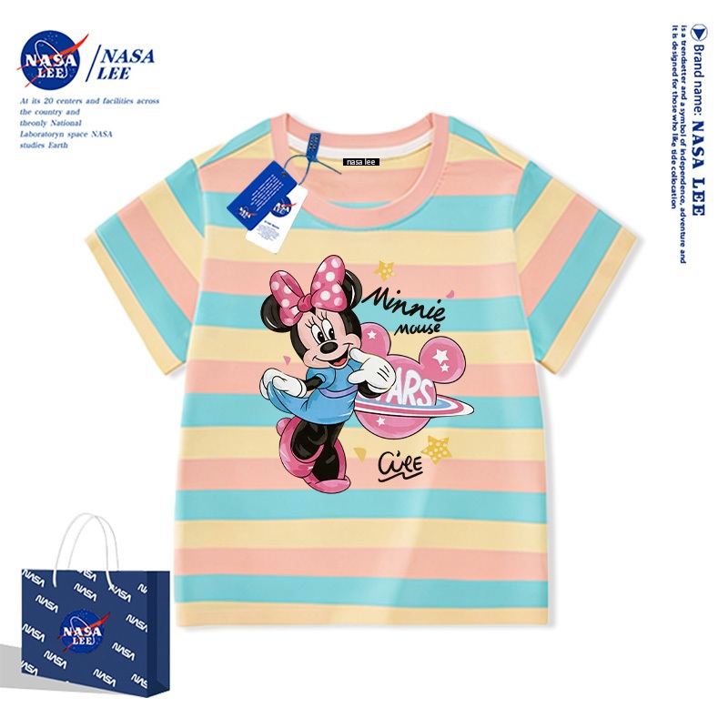 Áo thun cổ tròn màu hồng Disney Minnie x NASA bản hợp tác giới hạn cho bé gái