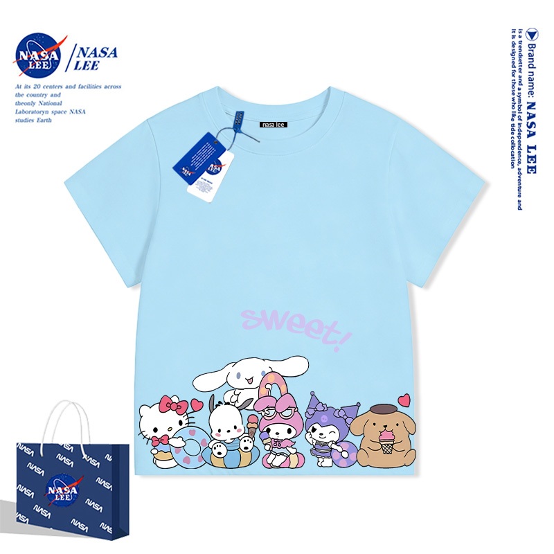 Áo thun Sanrio mới hè 2024 - Tuyển tập đầy đủ nhân vật màu xanh nhạt -Phong cách dễ thương