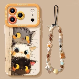 Ốp điện thoại hình mèo hoạt hình dễ thương + dây buộc cho iPhone 17 16 15 14 13 12 11 Pro Max X Xr Xs Max 7 8 Plus SE2020