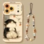 Ốp điện thoại hình mèo hồng dễ thương + dây buộc cho iPhone 17 16 15 14 13 12 11 Pro Max X Xr Xs Max 7 8 Plus SE2020 Vỏ điện thoại màu đen mềm
