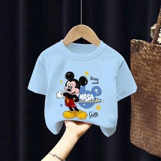 [Giao hàng trong ngày] Áo thun Cotton nguyên chất màu trắng cho trẻ em NASA Áo thun Cotton thoáng khí hoạt hình Chuột Mickey in hợp thời trang 3-16 tuổi Bé trai bé gái tay ngắn thông thường