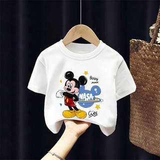 [Giao hàng trong ngày] Áo thun Cotton nguyên chất màu trắng cho trẻ em NASA Áo thun Cotton thoáng khí hoạt hình Chuột Mickey in hợp thời trang 3-16 tuổi Bé trai bé gái tay ngắn thông thường