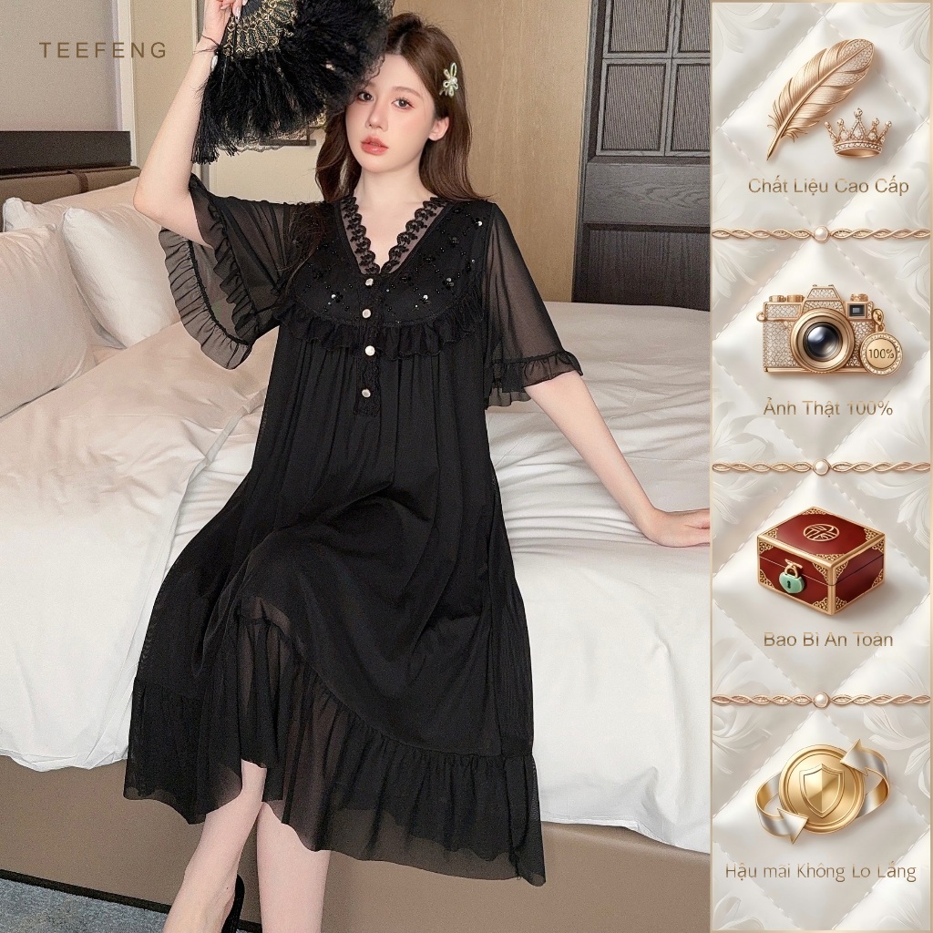 TEEFENG Váy Ngủ Nữ Lưới Mùa Hè Tay Ngắn Màu Trơn Đính Kim Sa Lấp Lánh Cung Điện Có Miếng Lót Ngực