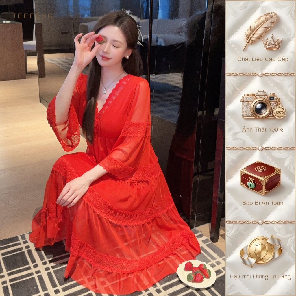 Bộ Đồ Ngủ Nữ Lưới Mùa Hè Màu Trơn Phong Cách Cung Điện Váy Ngủ Có Miếng Lót Ngực