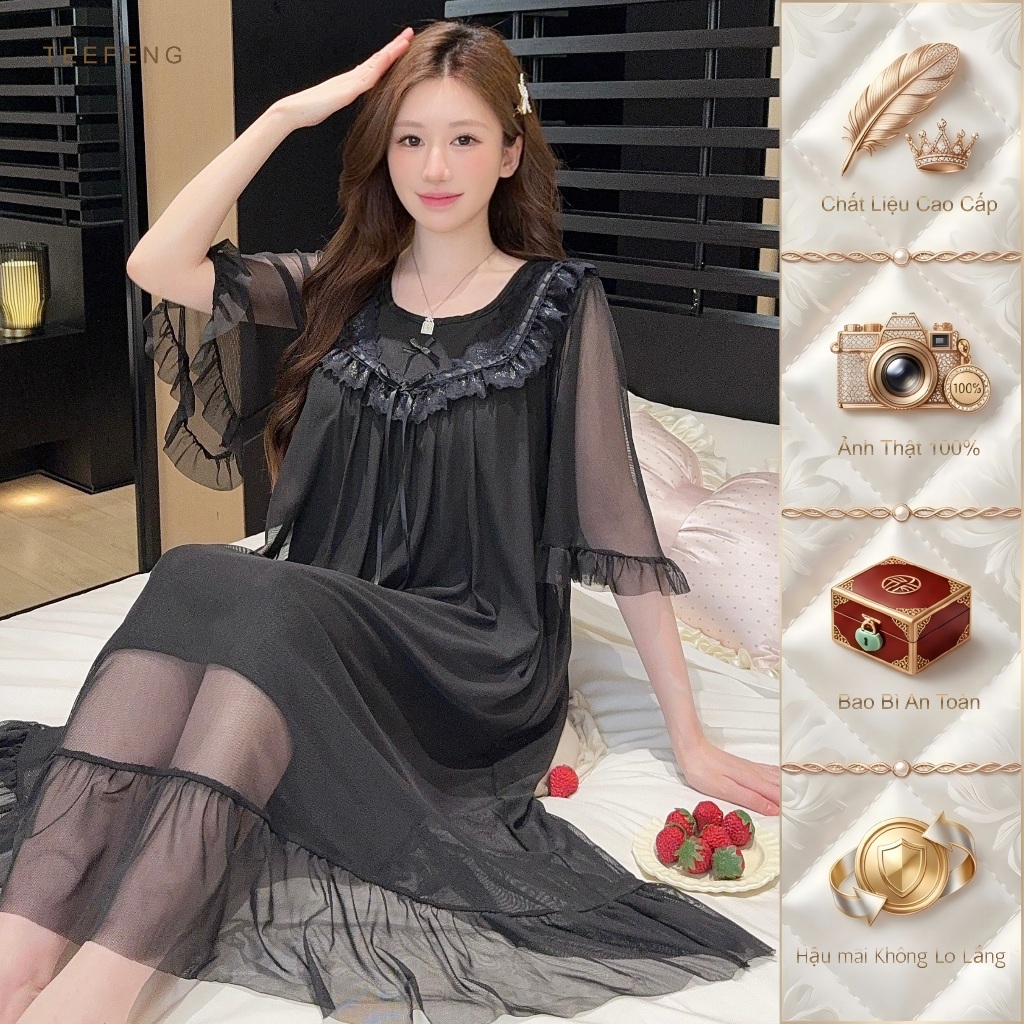 TEEFENG Bộ Đồ Ngủ Nữ Lưới Mùa Hè Màu Trơn Phong Cách Cung Điện Váy Ngủ Có Miếng Lót Ngực