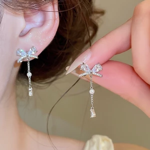 Mạ Bạc Nơ Cubic Zirconia Thả Bông Tai Ngọc Trai Giả & Giọt Nước Mặt Dây Chuyền Zircon Hàn Quốc Ngọt Ngào Sang Trọng Trang Sức Hàng Ngày Cho Nữ