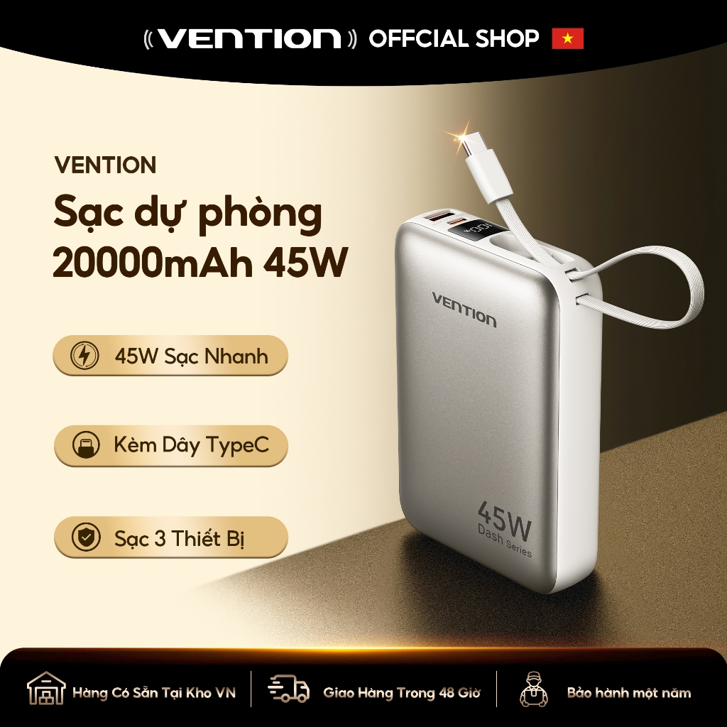 Vention Bộ Sạc Dự Phòng  20000mAh PD 45W | Sạc Nhanh Type-C PD Đa Năng | Cho iPhone 16 Pro Max & Samsung S24 Ultra | Bảo Hành Chính Hãng