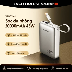 Vention Bộ Sạc Dự Phòng 20000mAh PD 45W | Sạc Nhanh Type-C PD Đa Năng | Cho iPhone 16 Pro Max & Samsung S24 Ultra | Bảo Hành Chính Hãng