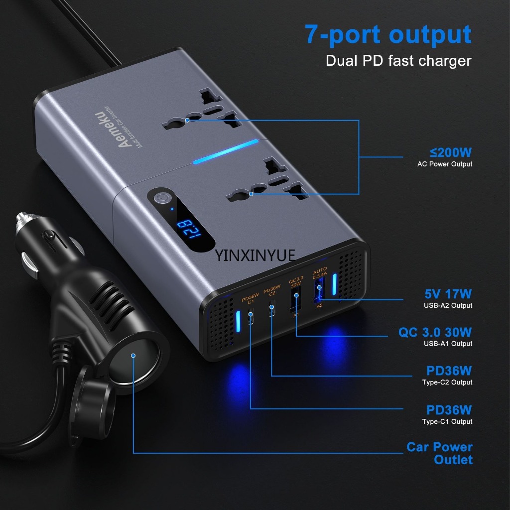 Biến tần ô tô 200W 12V / 24V sang 220V Ổ cắm chuyển đổi nguồn PD Sạc xe hơi nhanh