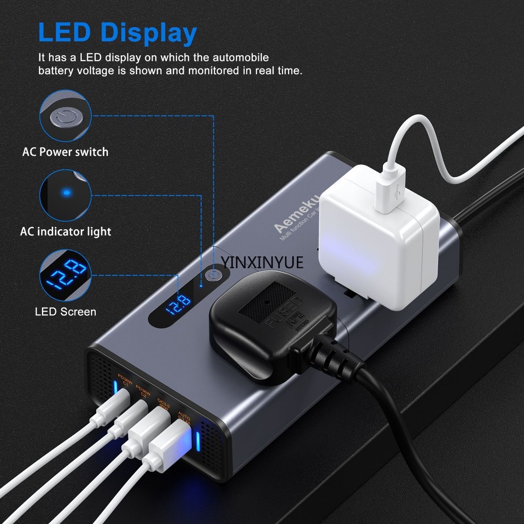 Biến tần ô tô 200W 12V / 24V sang 220V Ổ cắm chuyển đổi nguồn PD Sạc xe hơi nhanh