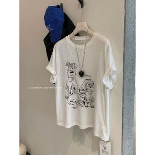 2026 Mới Cổ Tròn Áo Thun Nữ Tay Ngắn Cotton Lười Rời Hoạt Hình In Hình