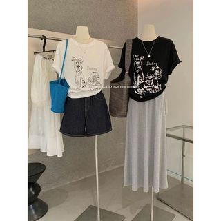 2026 Mới Cổ Tròn Áo Thun Nữ Tay Ngắn Cotton Lười Rời Hoạt Hình In Hình