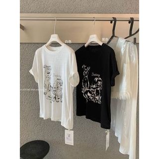 2026 Mới Cổ Tròn Áo Thun Nữ Tay Ngắn Cotton Lười Rời Hoạt Hình In Hình