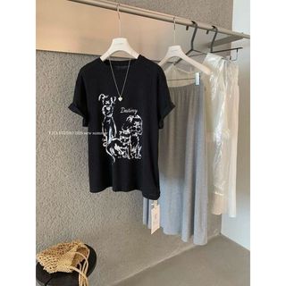 2026 Mới Cổ Tròn Áo Thun Nữ Tay Ngắn Cotton Lười Rời Hoạt Hình In Hình