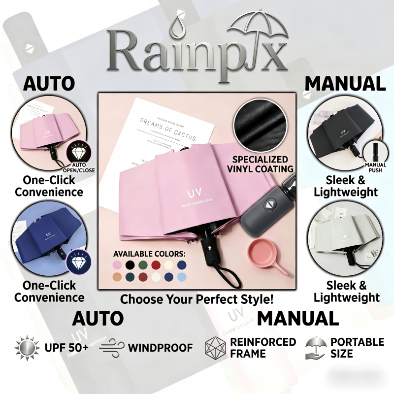 Rainpix Một Tay Chống Gió UV Thời Trang Tự Động Có Thể Gập Lại Ô