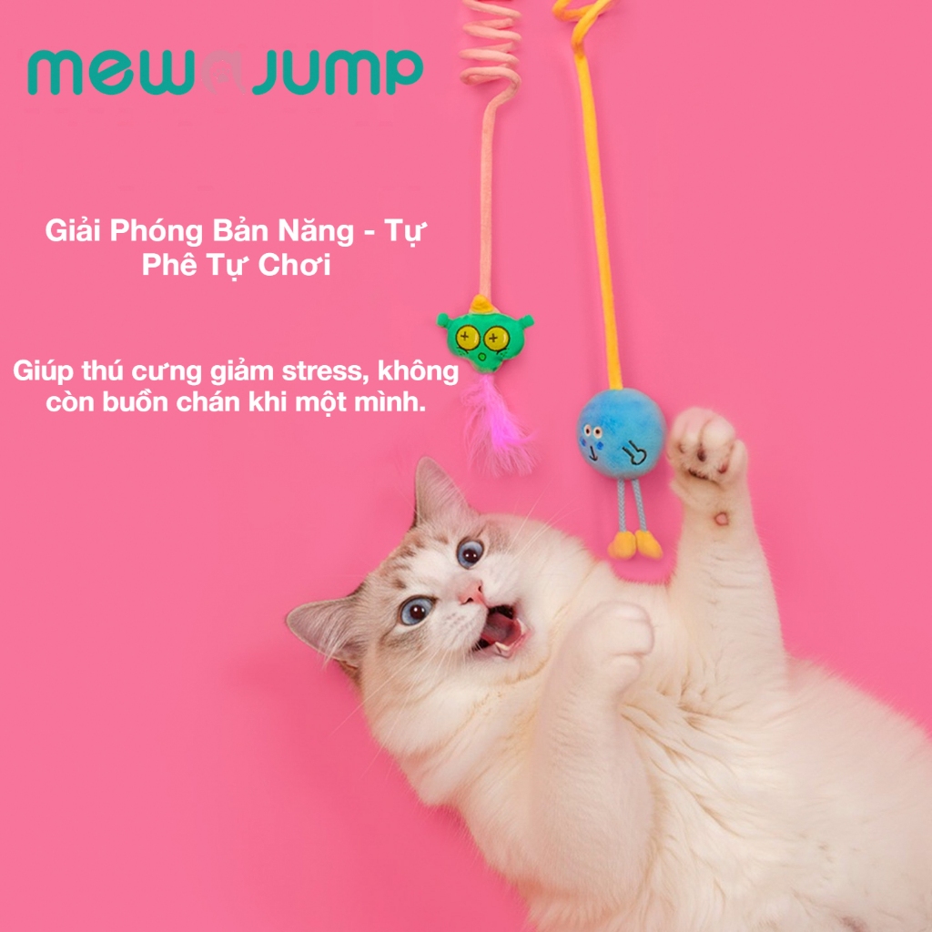 【MewaJump】Đồ chơi mèo đàn hồi treo  có âm thanh chim, Catnip, Lông vũ & Dây, Tương tác, Bền bỉ