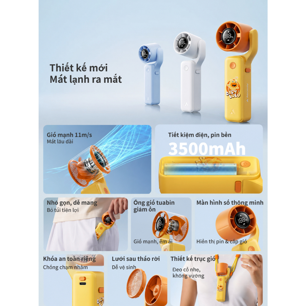 Aecooly × CAPY LULU Quạt cầm tay cầm tay Air Gimbal 3 TRONG 1 Quạt mạnh mẽ rảnh tay ổn định, Luồng không khí Turbo phản lực 15000 vòng / phút, Thời gian làm mát tối đa 15 giờ, 5 tốc độ