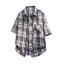 Mới Nam Đen Kiểm Tra Áo Sơ Mi Bỏ Túi Cotton Rời Xanh Tay Ngắn Sọc Áo Sơ Mi Thường Ngày