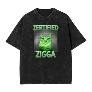 Zigga Fun Alien Cat Brainrot Fun Meme Neutral Fashion Washed Áo thun Cotton nguyên chất dành cho nam và nữ