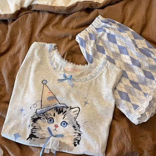 Bộ đồ ngủ in hình mèo dễ thương quần short ren nữ Bộ đồ gia đình thông thường