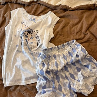 Bộ đồ ngủ in hình mèo dễ thương quần short ren nữ Bộ đồ gia đình thông thường
