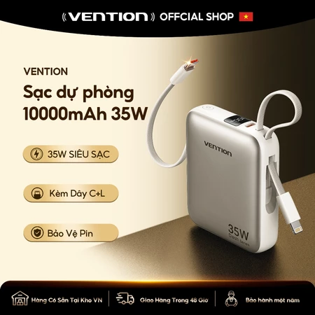 Vention Sạc Dự phòng 10000mAh có sạc nhanh 35W Super Mini – Cáp tích hợp Type C +L - PD, màn hình LED - kỹ thuật số - Pin sạc dự phòng Nhanh 35W Cho Điện Thoại, Máy Tính Bảng - Thiết Kế Nhỏ Gọn - Bảo 