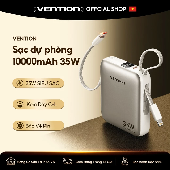 Vention Sạc Dự phòng 10000mAh có sạc nhanh 35W Super Mini – Cáp tích hợp Type C +L - PD, màn hình LED - kỹ thuật số - Pin sạc dự phòng Nhanh 35W Cho Điện Thoại, Máy Tính Bảng - Thiết Kế Nhỏ Gọn - Bảo 