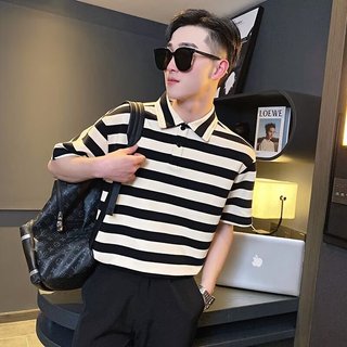 Thiết Kế Áo Thun Sọc Nam ins Dạo Phố Puffer Đẹp Trai Tay Ngắn POLO Áo Sơ Mi Hợp Thời Trang Thường Ngày Mùa Hè Nửa Tay