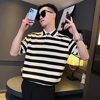 Thiết Kế Áo Thun Sọc Nam ins Dạo Phố Puffer Đẹp Trai Tay Ngắn POLO Áo Sơ Mi Hợp Thời Trang Thường Ngày Mùa Hè Nửa Tay