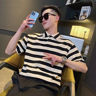 Thiết Kế Áo Thun Sọc Nam ins Dạo Phố Puffer Đẹp Trai Tay Ngắn POLO Áo Sơ Mi Hợp Thời Trang Thường Ngày Mùa Hè Nửa Tay