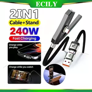 Cáp dữ liệu Nylon sạc nhanh 2 trong 1 240W có giá đỡ điện thoại Cáp USB loại C sang loại C 1,8m có chân đế điện thoại có thể gập lại vô hình Dây sạc khuỷu tay