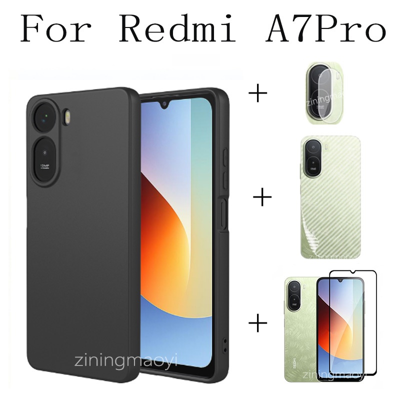 4IN1 thích hợp cho ốp điện thoại mềm silicon Redmi A7 Pro, A7, A5, phim cường lực, phim mặt sau, bộ phim ống kính, bảo hiểm toàn màn hình cạnh đen trong suốt độ phân giải cao,