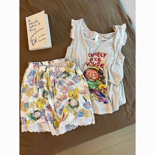 Hoạt Hình Tranh Sơn Dầu Cô Gái Có Đệm Ngực Bộ Đồ Ngủ Nữ Ren Áo Quần Short Bộ Đồ Gia Đình