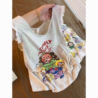 Hoạt Hình Tranh Sơn Dầu Cô Gái Có Đệm Ngực Bộ Đồ Ngủ Nữ Ren Áo Quần Short Bộ Đồ Gia Đình