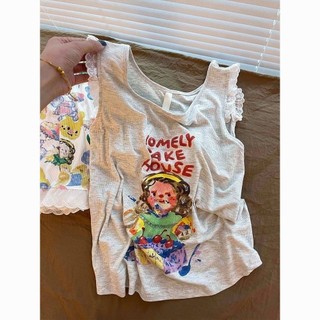 Hoạt Hình Tranh Sơn Dầu Cô Gái Có Đệm Ngực Bộ Đồ Ngủ Nữ Ren Áo Quần Short Bộ Đồ Gia Đình