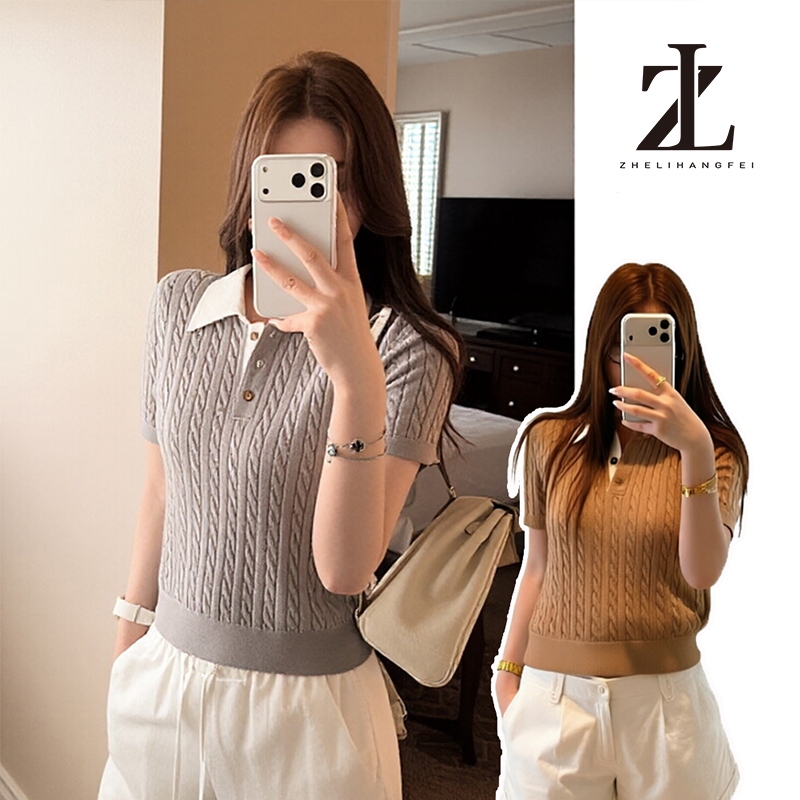 ZHELIHANGFEI Áo dệt kim cổ polo tay ngắn old money style kim xoắn quần áo