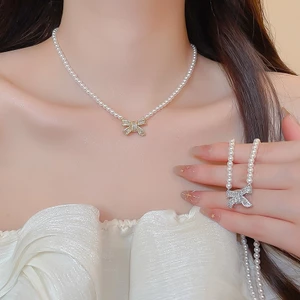 Thắt Nơ Cubic Zirconia Mặt Dây Chuyền Ngọc Trai Giả Có Thể Điều Chỉnh Vòng Cổ Trang Sức Hàng Ngày Thanh Lịch Cho Nữ