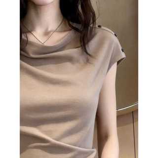 Pháp Ngọt Ngào Cô Gái Retro Slim-fit Áo Thun Ngắn Tay Nữ Mùa Hè Phong Cách Mới Không Đều Nút Nẹp-Waist