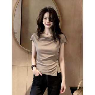 Pháp Ngọt Ngào Cô Gái Retro Slim-fit Áo Thun Ngắn Tay Nữ Mùa Hè Phong Cách Mới Không Đều Nút Nẹp-Waist