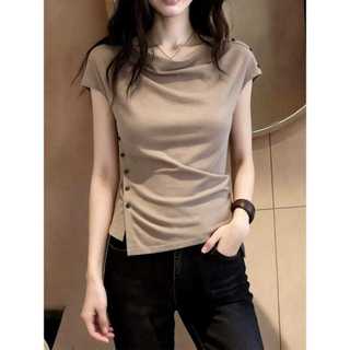 Pháp Ngọt Ngào Cô Gái Retro Slim-fit Áo Thun Ngắn Tay Nữ Mùa Hè Phong Cách Mới Không Đều Nút Nẹp-Waist
