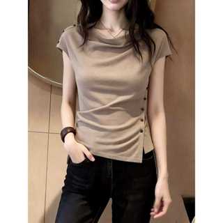 Pháp Ngọt Ngào Cô Gái Retro Slim-fit Áo Thun Ngắn Tay Nữ Mùa Hè Phong Cách Mới Không Đều Nút Nẹp-Waist