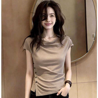 Pháp Ngọt Ngào Cô Gái Retro Slim-fit Áo Thun Ngắn Tay Nữ Mùa Hè Phong Cách Mới Không Đều Nút Nẹp-Waist