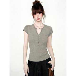 AUDISTY Cổ Nửa Mở Hơi Trong Suốt Trang Trọng Vai Đan Áo Thun Nữ Tay Ngắn Mùa Hè 2026 Slim-fit Henry Cổ Áo Sơ Mi Nhỏ Top