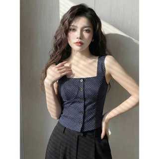 Mỹ Retro Không Tay Chấm Bi Cổ Vuông Camisole Nữ Mùa Hè Nhỏ Hot Girl Phong Cách Slim-fit Áo Sơ Mi Nhỏ Top Hợp Thời Trang