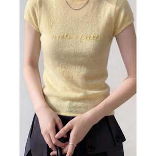 Áo thun ngắn tay thêu màu vàng dành cho nữ mùa hè Thiết kế đẹp độc đáo Dệt kim Ice Silk Top