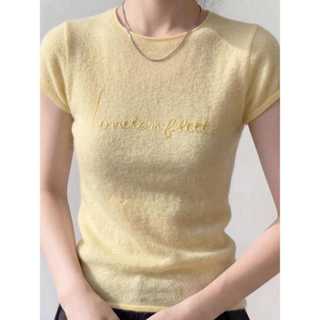 Áo thun ngắn tay thêu màu vàng dành cho nữ mùa hè Thiết kế đẹp độc đáo Dệt kim Ice Silk Top