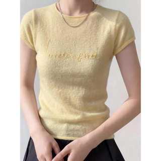 Áo thun ngắn tay thêu màu vàng dành cho nữ mùa hè Thiết kế đẹp độc đáo Dệt kim Ice Silk Top